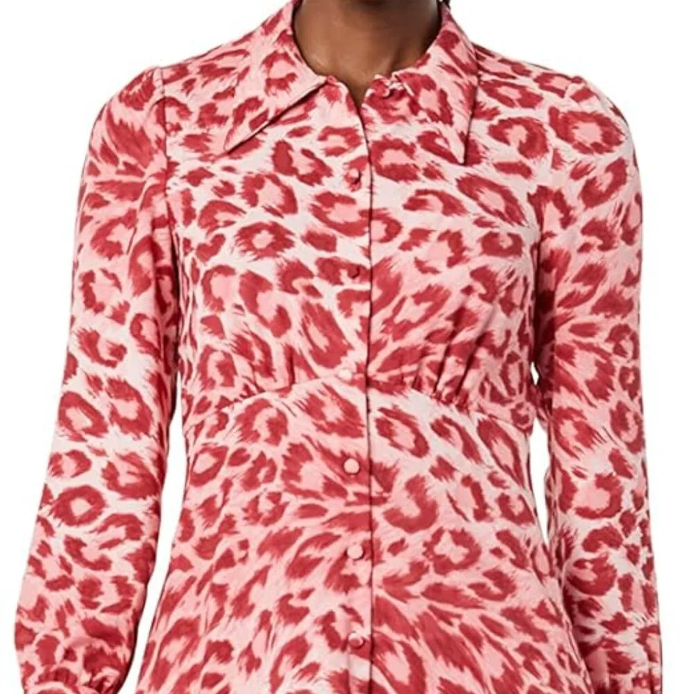 KATE SPADE NEW YORK Panthera Shirtdress in Pink + Red Leopard Print Size 2 NWOT